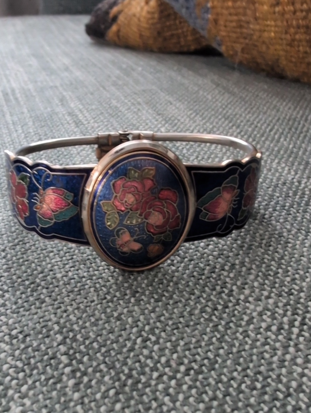 Cloisonné Blue Enamel Hinged Bangle Locket Bracelet
